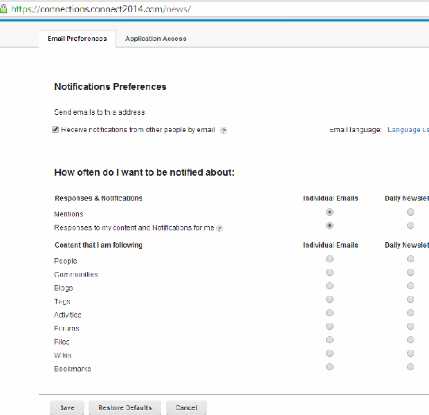 IBM Connect 2014 notification settings